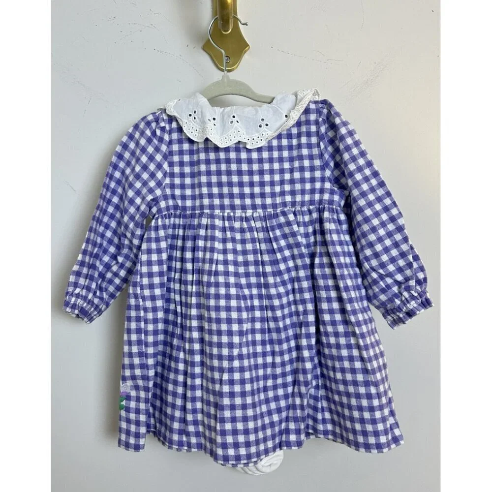 JoJo Maman Bebe Lilac Purple Fairy Applique Gingham Baby Dress & Tights Set